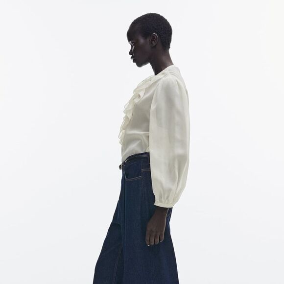 ZARA RUFFLED SEMI-SHEER TOP ECRU NWT - Picture 5 of 8